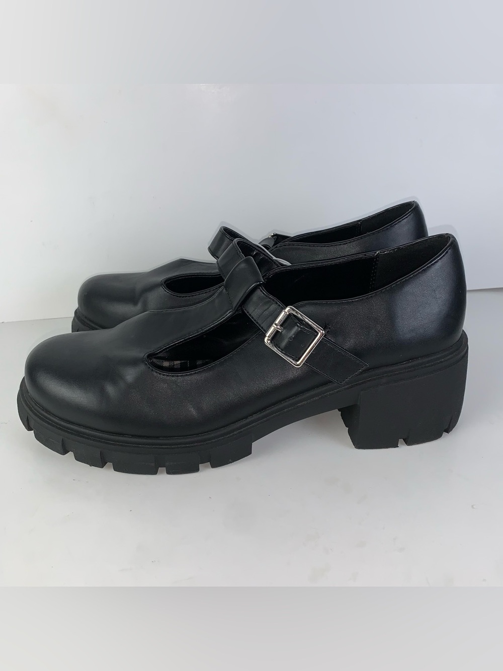 KO black faux leather Mary Jane shoes chunky heels womens size 12